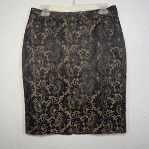Worthington Pencil Skirt Black Gold Damask Career Office Wear Size 10